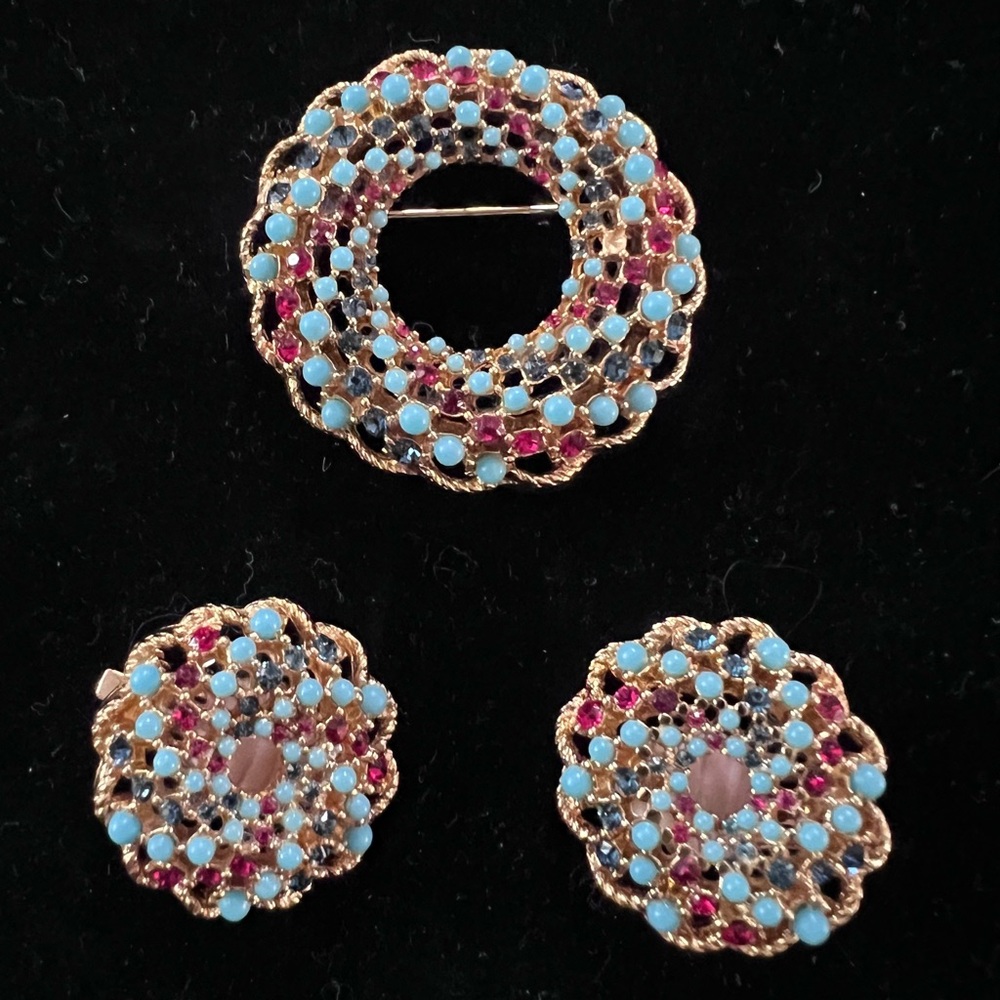 Vintage Sarah Coventry Song of India Brooch & Clip-On Earrings Set Rhinestone